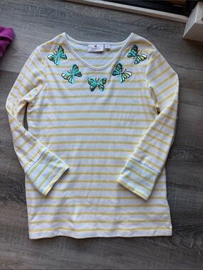 The Quacker Factory Yellow Striped Butterfly Sequin Top - sz xs